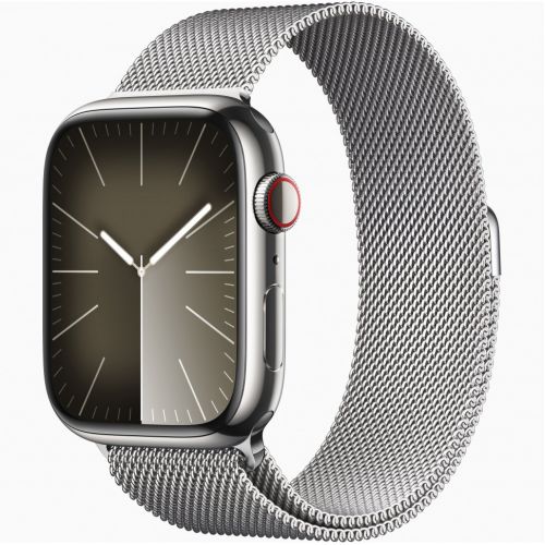 AppleWatchSeries9,45мм,стальныесеребристогоцвета,миланскийсетчатыйбраслет